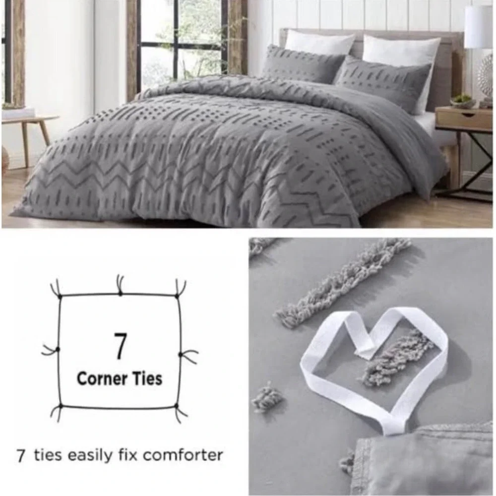 Queen Duvet Cover Set 3 Piece Boho Grey Tufted Geometric Bedding